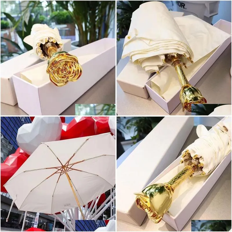 fashion designer umbrellas luxury gold rose handle white umbrella with box