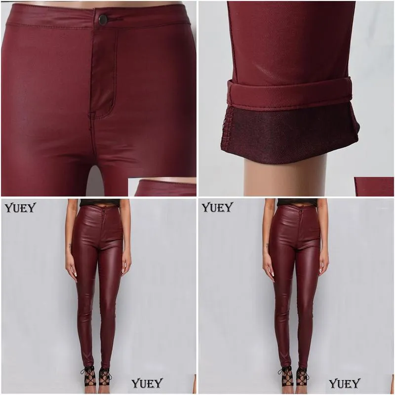 womens pants capris yuey 2021 women leather burgundy high waist pencil feet slim motorcycle europe style stretchy long tights xs to
