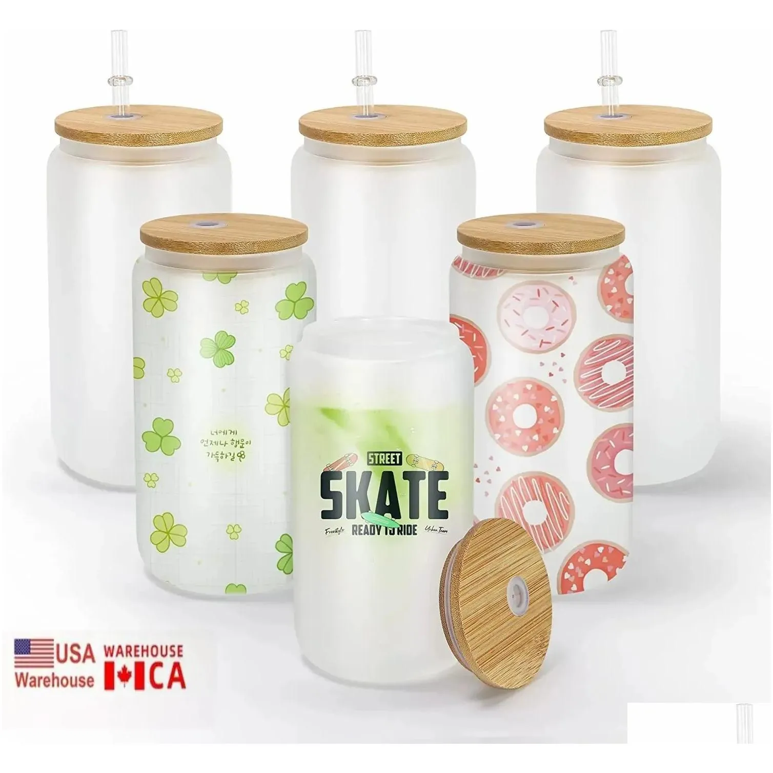 usa/ca local warehouse sublimation tumblers 16oz glass cans with bamboo lids and reusable straw beer mugs transparent frosted tumbler soda