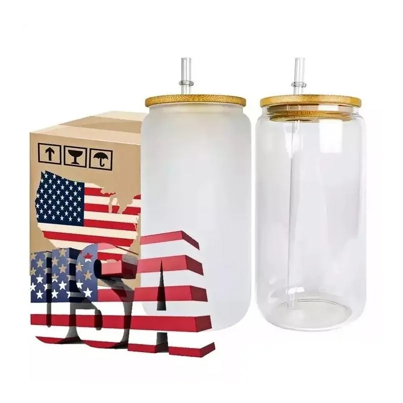 usa/ca local warehouse sublimation tumblers 16oz glass cans with bamboo lids and reusable straw beer mugs transparent frosted tumbler soda