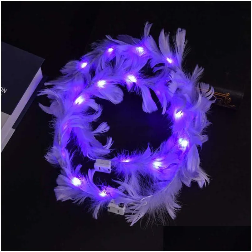 luminous led feather wreath angel fairy headband with flash colorful lights hair band wedding birthday party club headdress night light princess crown