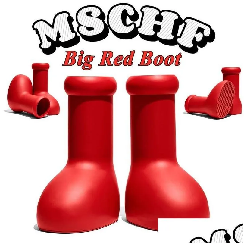 Boots 2023 Designer Mschf Men Women Rain Big Red Boot Eve Rubber Astro Boy Reps Over The Knee Booties Cartoon Shoes Thick Bottom Pla