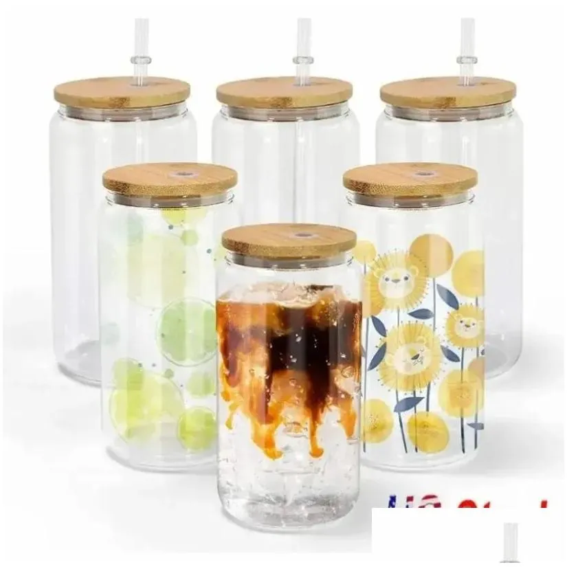 usa/ca local warehouse sublimation tumblers 16oz glass cans with bamboo lids and reusable straw beer mugs transparent frosted tumbler soda