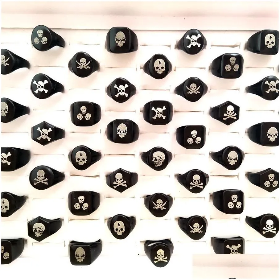 30pcs/lot wholesale top mix skull biker ring hip-hop jewelry classic punk black gothic alloy ring men women party skeleton jewelry