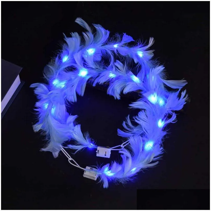 luminous led feather wreath angel fairy headband with flash colorful lights hair band wedding birthday party club headdress night light princess crown