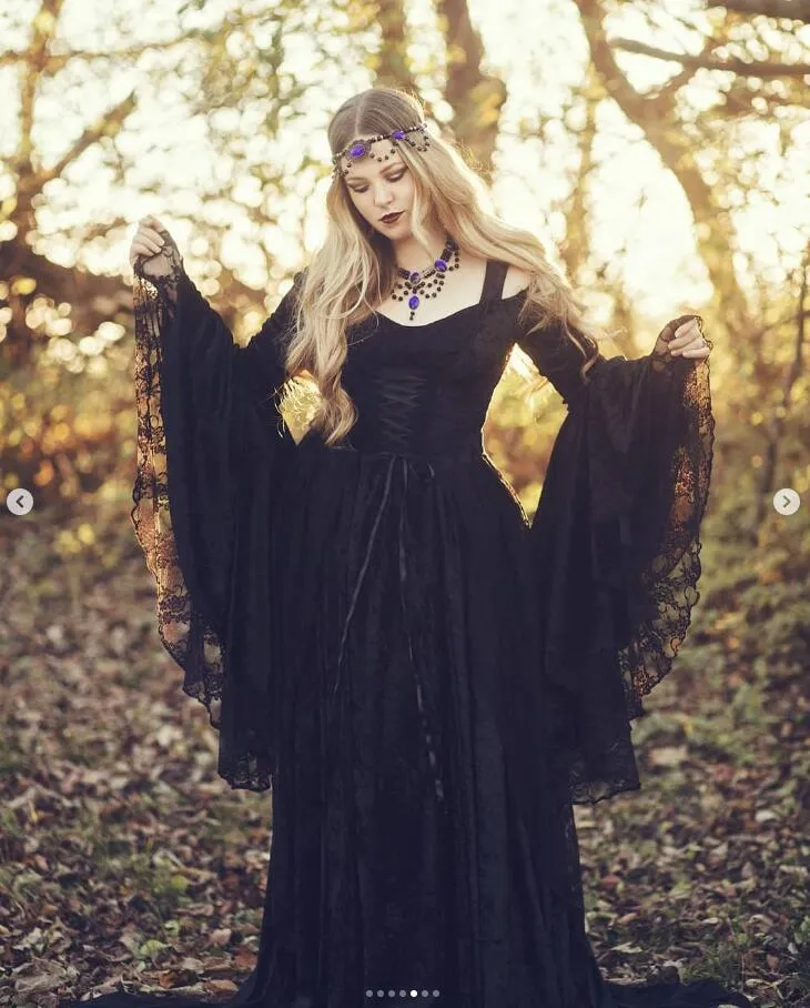 Black Lace Gothic Gwendolyn Prom Occasion Gown with Fairy Long Sleeve Off Shoulder Lace-up Corset Halloween Cosplay Evening Dresses
