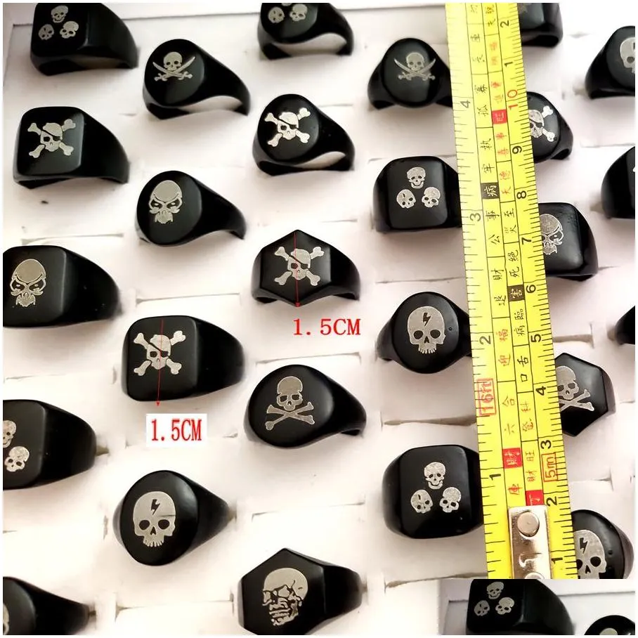 30pcs/lot wholesale top mix skull biker ring hip-hop jewelry classic punk black gothic alloy ring men women party skeleton jewelry