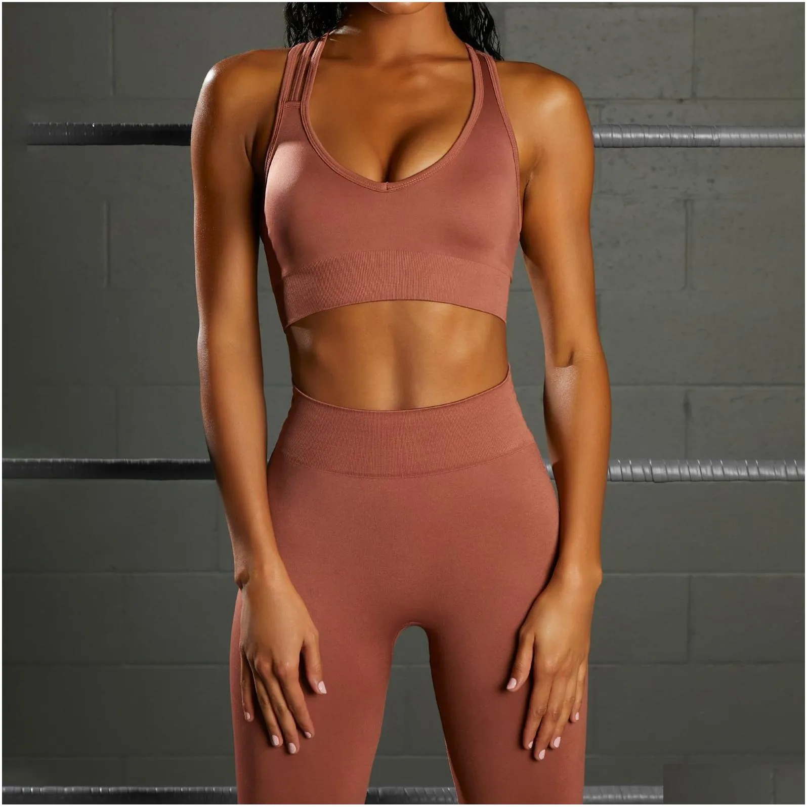 seamless yoga clothing 2-piece high-waisted buttocks lifting sports fitness pants after the cross bra sports suit