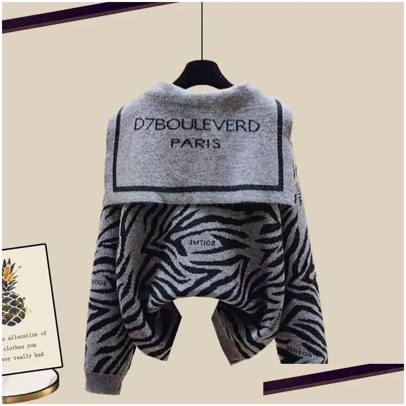 fashion knit two pieces deisnged zebra print tops pulloveradd knee dress casual wear versatile soft sweater autumn winter