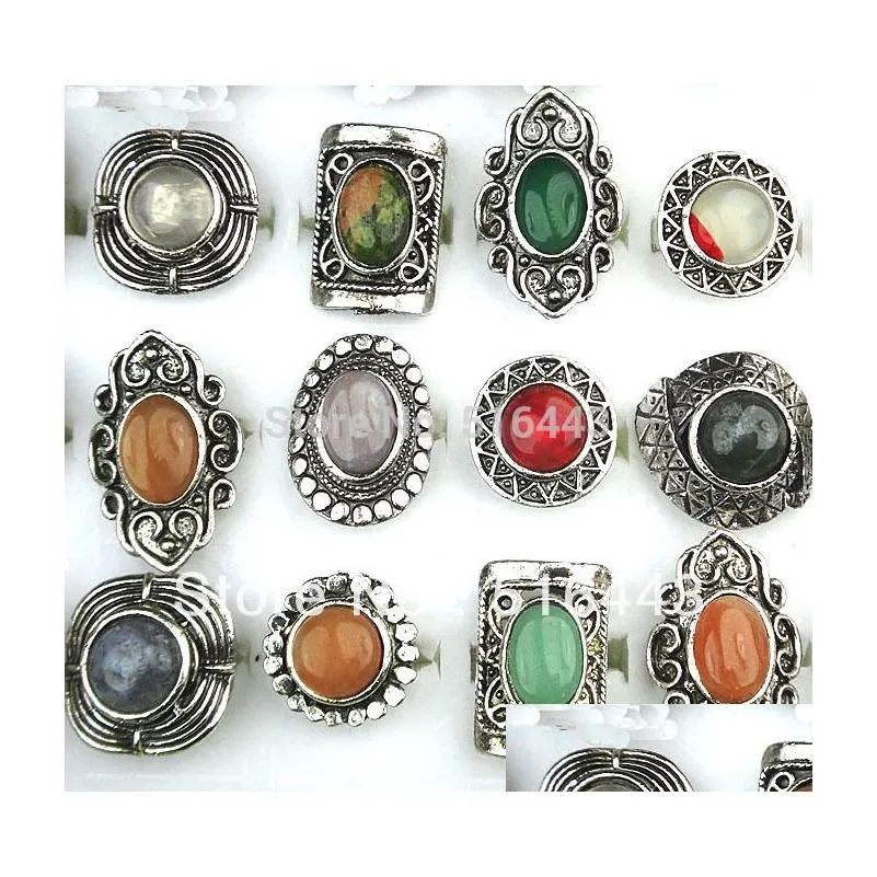 10pcs wholesale jewelry lots mix natural stones antique silver plated women mens adjustable vintage rings a-152