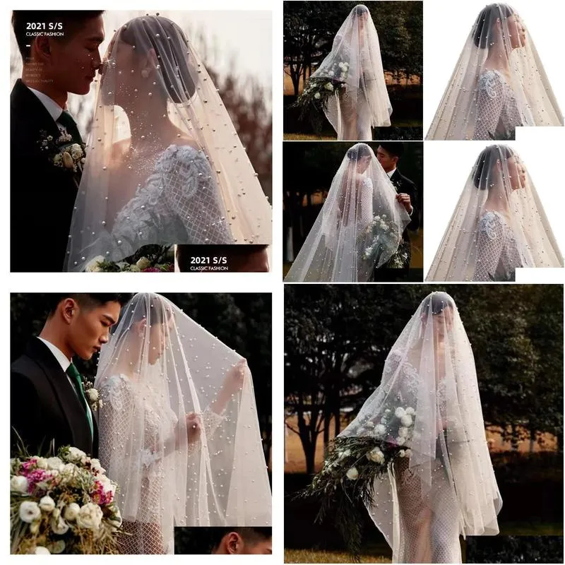 wedding veils cathedral length lace appliqued one layer custom made white champagne pearl veils with comb bride bridal accessories