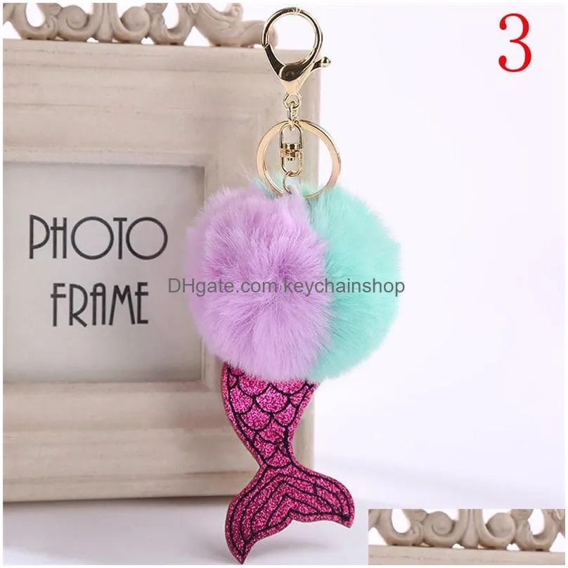 fashion mermaid pompom keychain faux rabbit fur sea-maid key buckle women car handbag key ring lucky xmas gifts