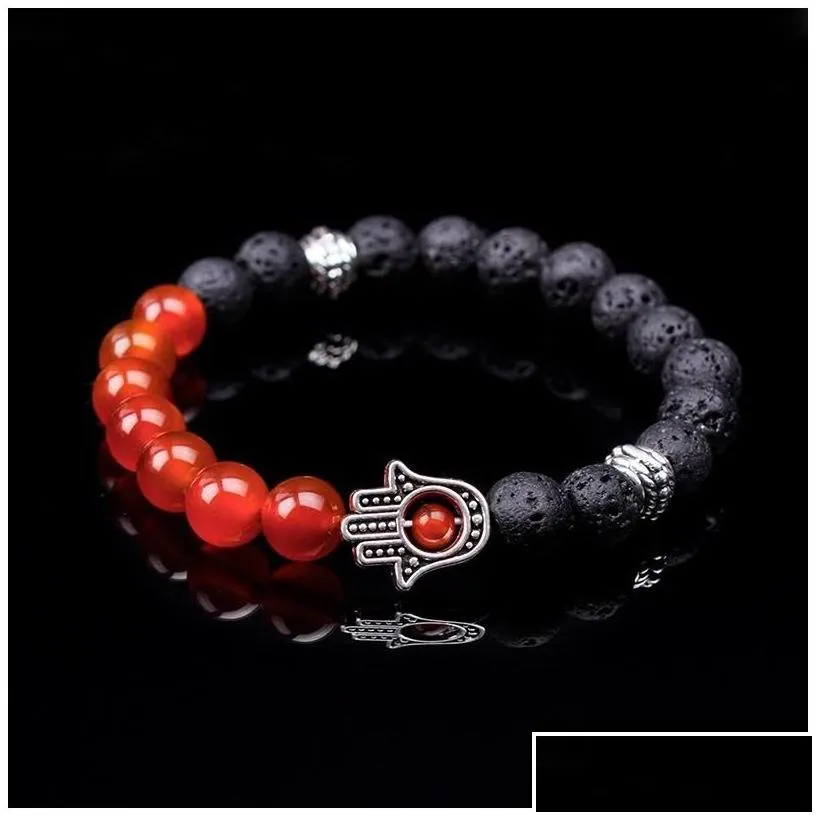 beaded men bead bracelets lava howlite stone stretch hand of fatima hamsa charm bracelet mala evil eye drop delivery jewelry dhrkw