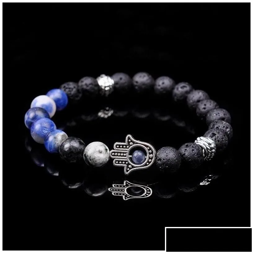 beaded men bead bracelets lava howlite stone stretch hand of fatima hamsa charm bracelet mala evil eye drop delivery jewelry dhrkw