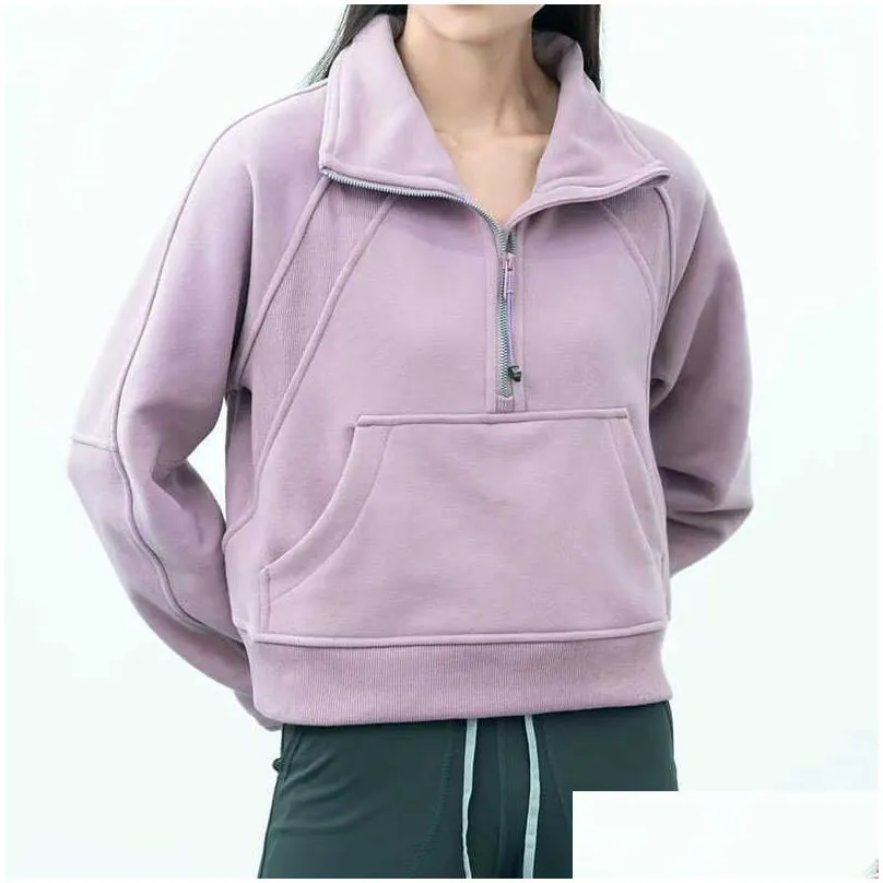 yoga outfits lu-99 women fitness hoodies runing jacket ladies sport half zipper sweatshirt thick loose short style coat with fleece thumb hole
