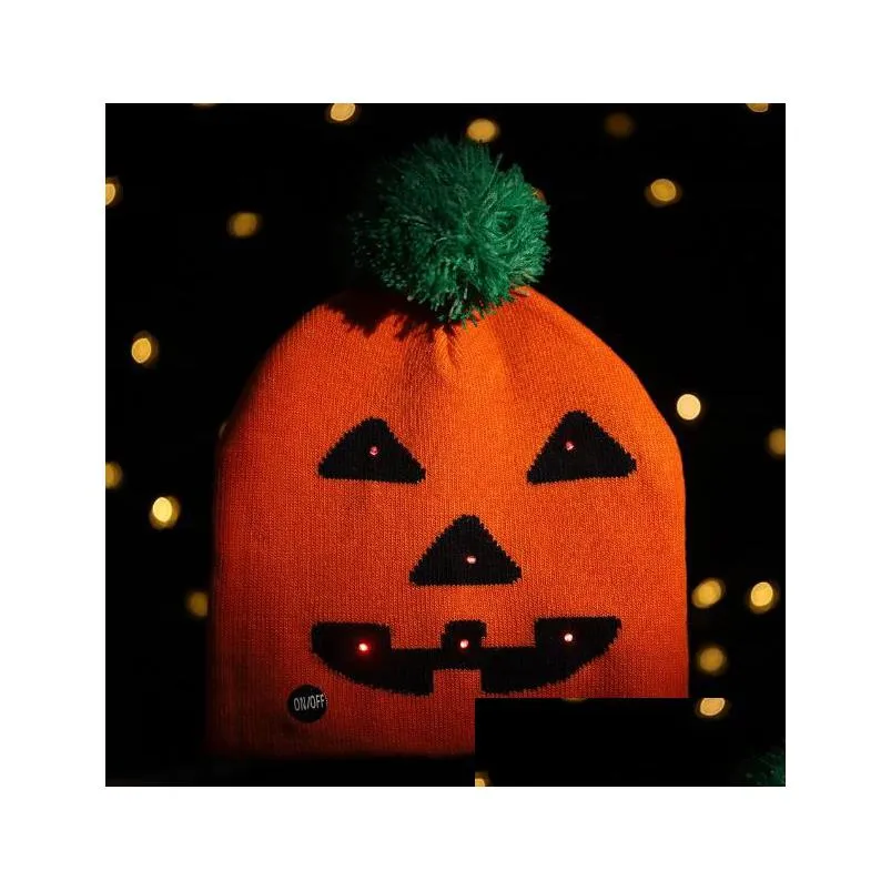 halloween led light up hat beanie knit cap children adult pumpkin ghost knit beanie holiday hats party costume supplies