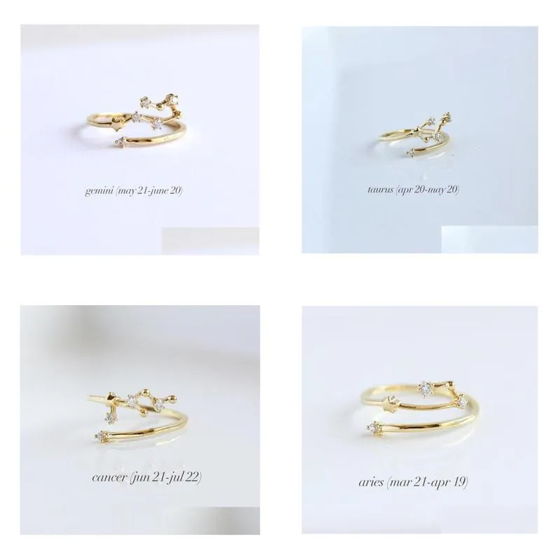 12 constellations band rings rhinestone amulet zodiac signs gold silver colors fashion anniversary jewelry