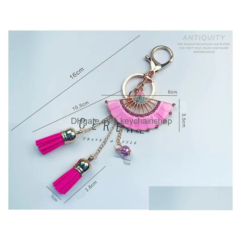 fashion crystal diamond phone tassel keychains pink and blue fan tassel pendant total length about 16cm