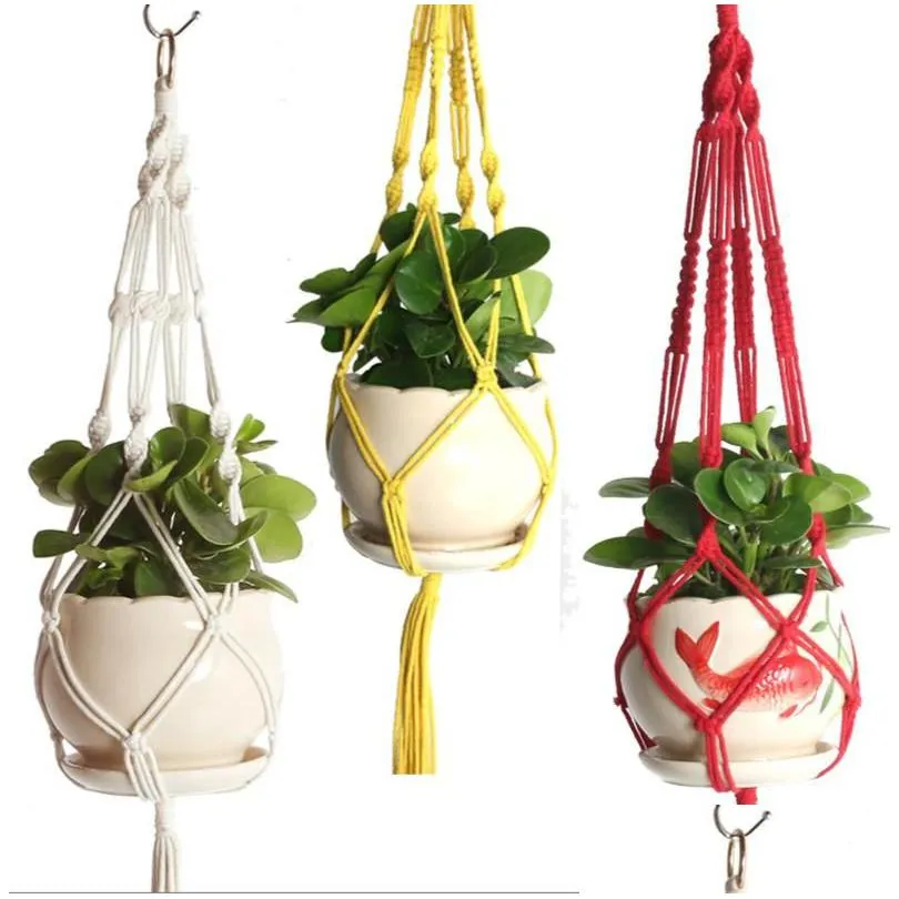 knot bloom macrame plant hanger - indoor/outdoor flower pot holder wall art decor w/ metal ring - vintage style nylon rope in 4