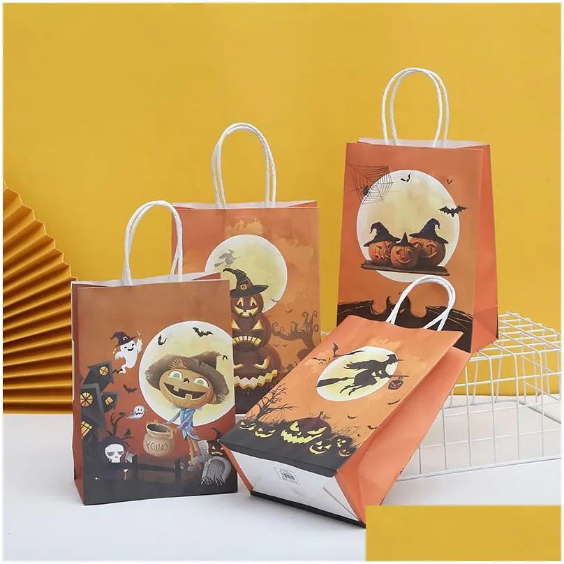 halloween candy bags kids trick or treat pumpkin witch gift wrap pouches shopping kraft paper bag handles snack packaging customizable logo