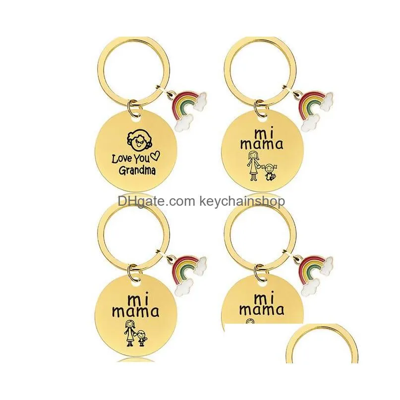 18 styles mothers day rainbow round keychain gift gold stainless steel round metal key chain with lettering for mama holiday gifts