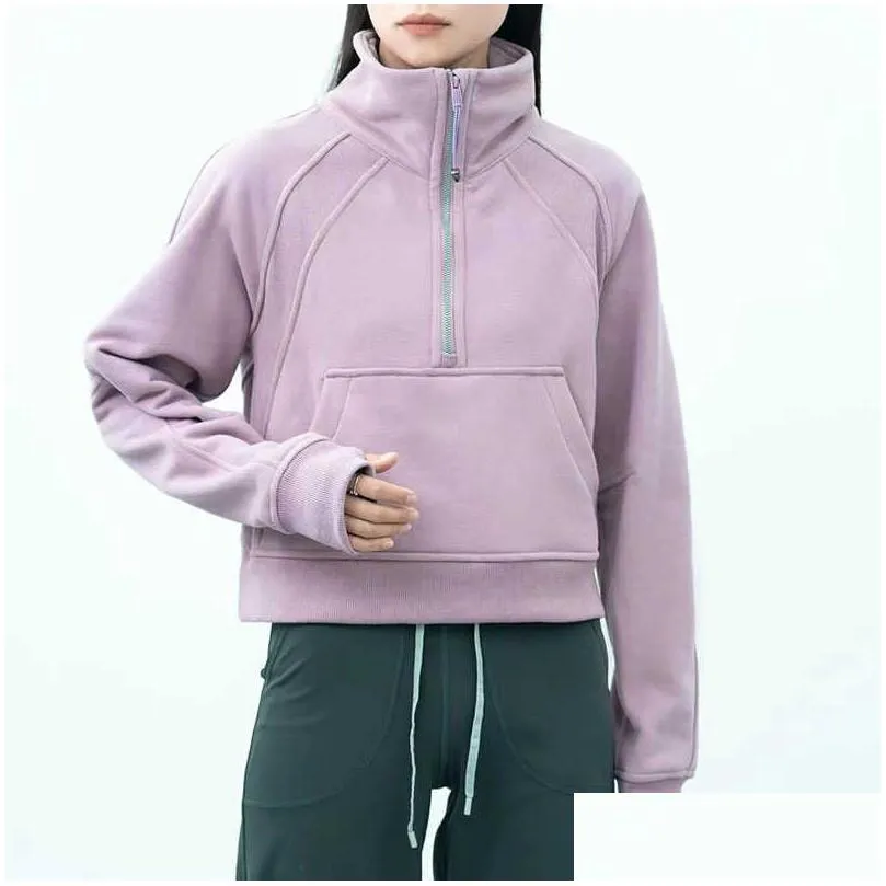 yoga outfits lu-99 women fitness hoodies runing jacket ladies sport half zipper sweatshirt thick loose short style coat with fleece thumb hole