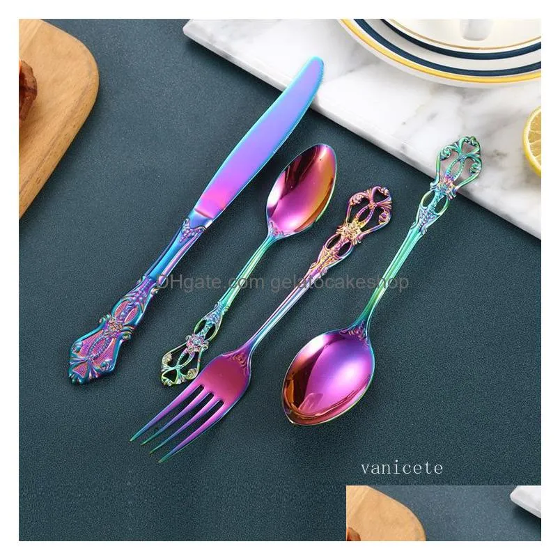 retro restaurant westerns food tableware knife fork and spoon 304 stainless steel tablewares embossed western dinnerware set kitchen knifes forks and spoons