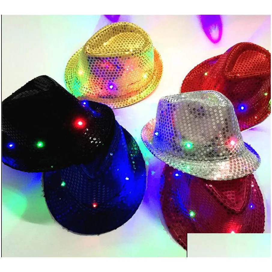 led flash sequins glowing hat adults children hip-hop light up jazz cap dance club event party birthday stage perform props halloween christnas decor gold