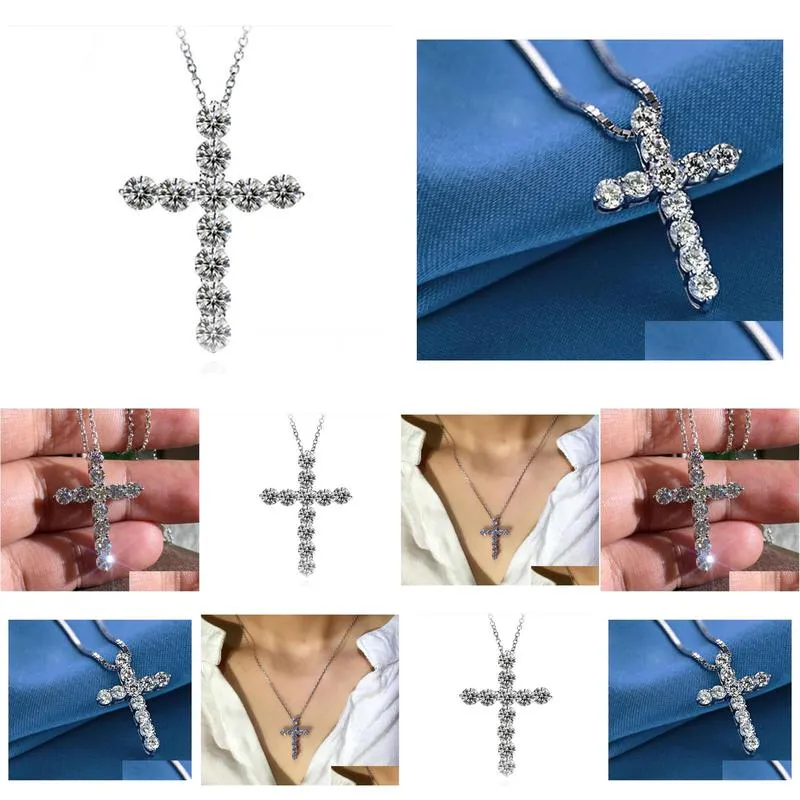 925 sterling silver necklaces full round cut white topaz cz diamond cross pendant party popular women clavicle necklace gift