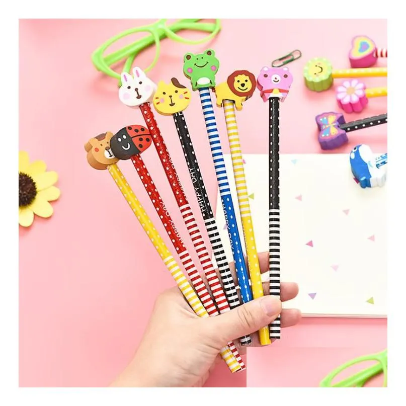 animal cartoon wooden pencils w/ eraser toppers - fun writing supplies for school office or parties