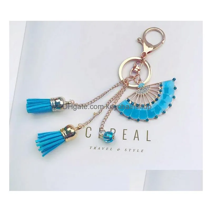 fashion crystal diamond phone tassel keychains pink and blue fan tassel pendant total length about 16cm