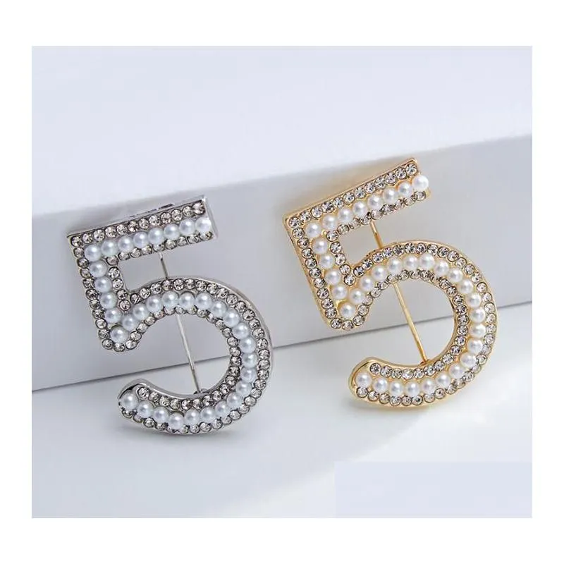 fashion brooches letter 5  rhinestone pins for women party pearl flower number brooch jewelry gift