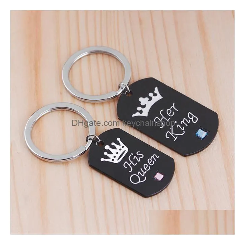 stainless steel her king his queen necklace/key chain dog tag crown couple necklace/keyring pendants chains lovers jewelry gift