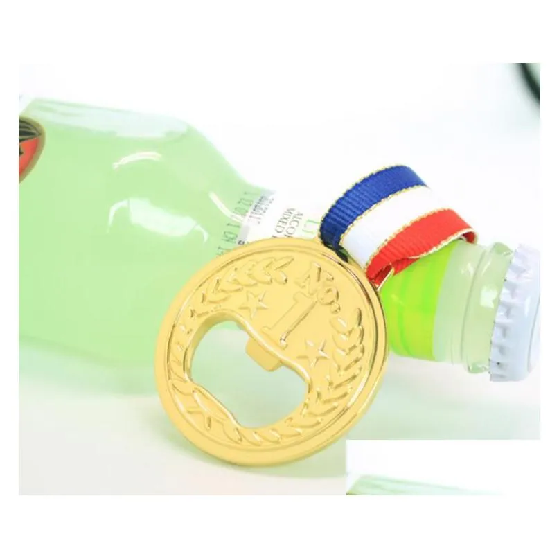 golden medal bottle opener add neck ribbon - school award party favor - versatile metallic beer opener for weddings birthdays sports