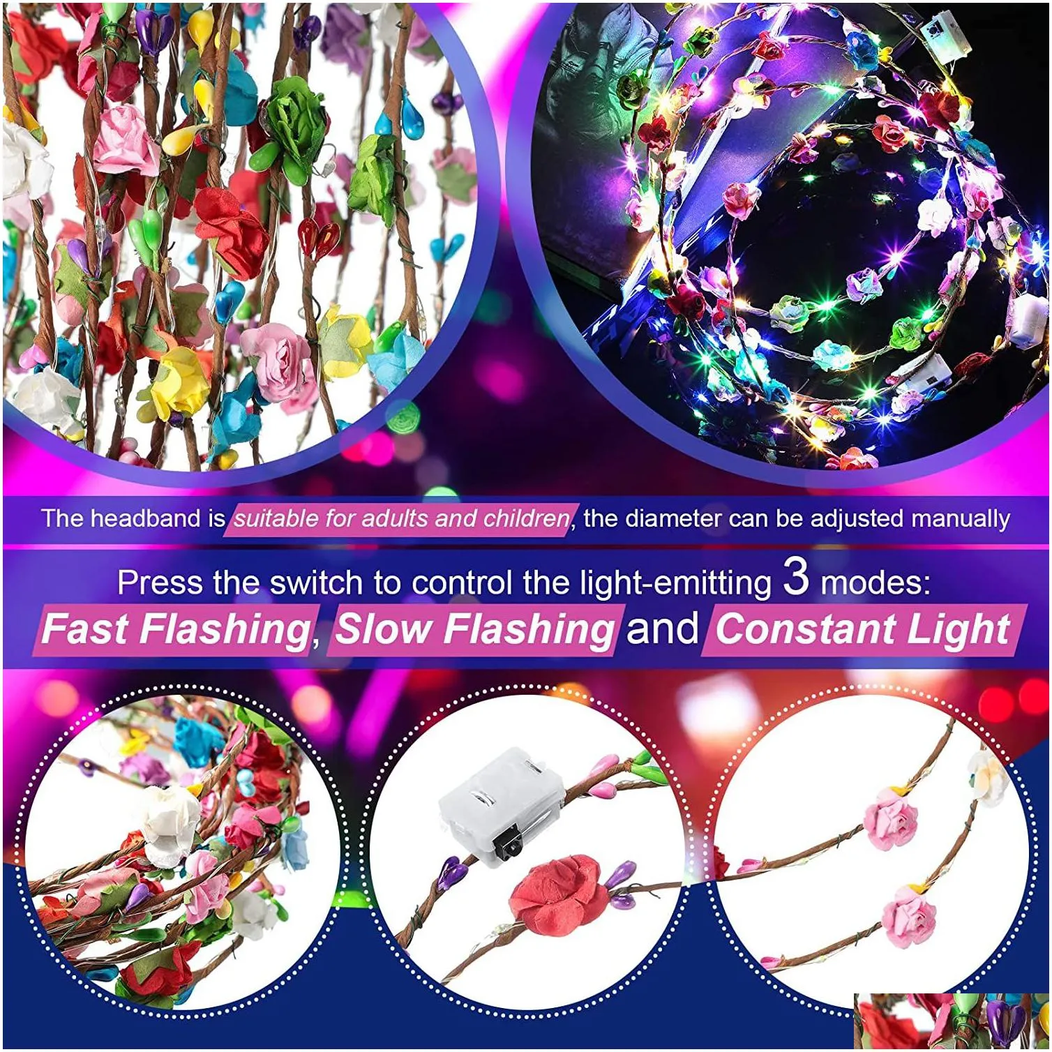 flowerlume led crown headband - fiber optic glowing hair accessory for parties festivals halloween carnivals.