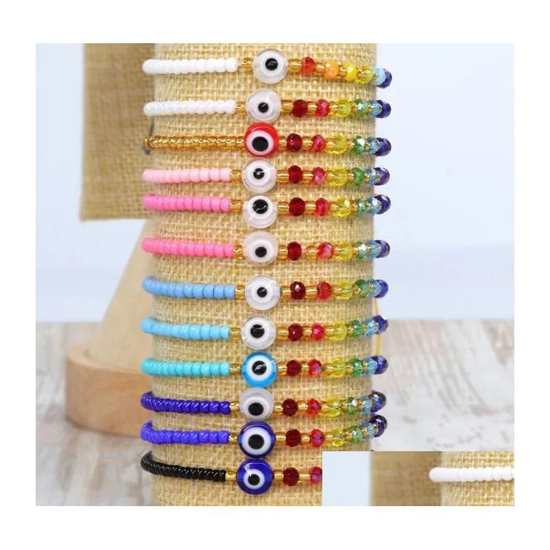 turkish eye beaded strands bracelets blue evil eyes lucky couple bracelet for women colorful crystal bead rope chain woven bracelet jewelry