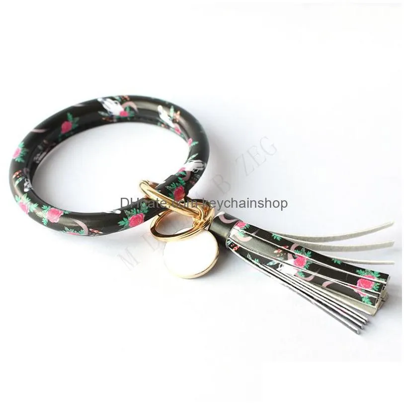 leather wrap tassels bracelets keychain custom wristlet bracelet tassel keychain leopard sunflower round print bangle key ring