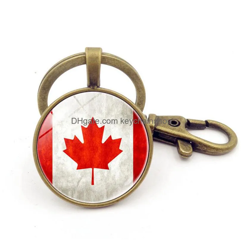 canada national flag key chain vintage time gem cabochon key ring bronze and silver color key holder