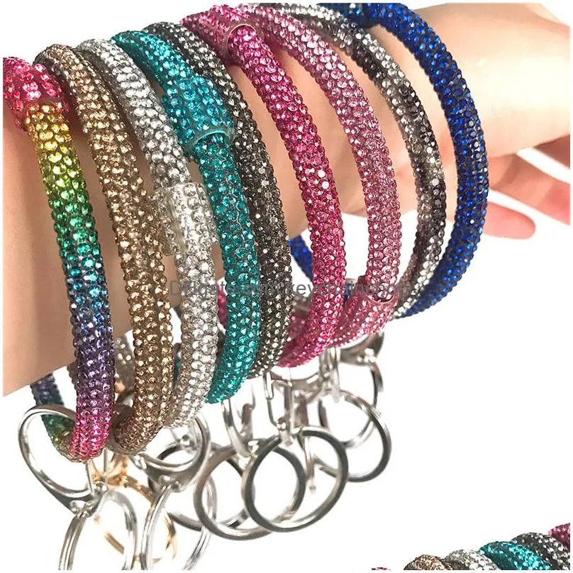 14 colors silicone diamond bracelets keychain women wrist key ring wristband chains circle wristlet car keychains strap jewelry