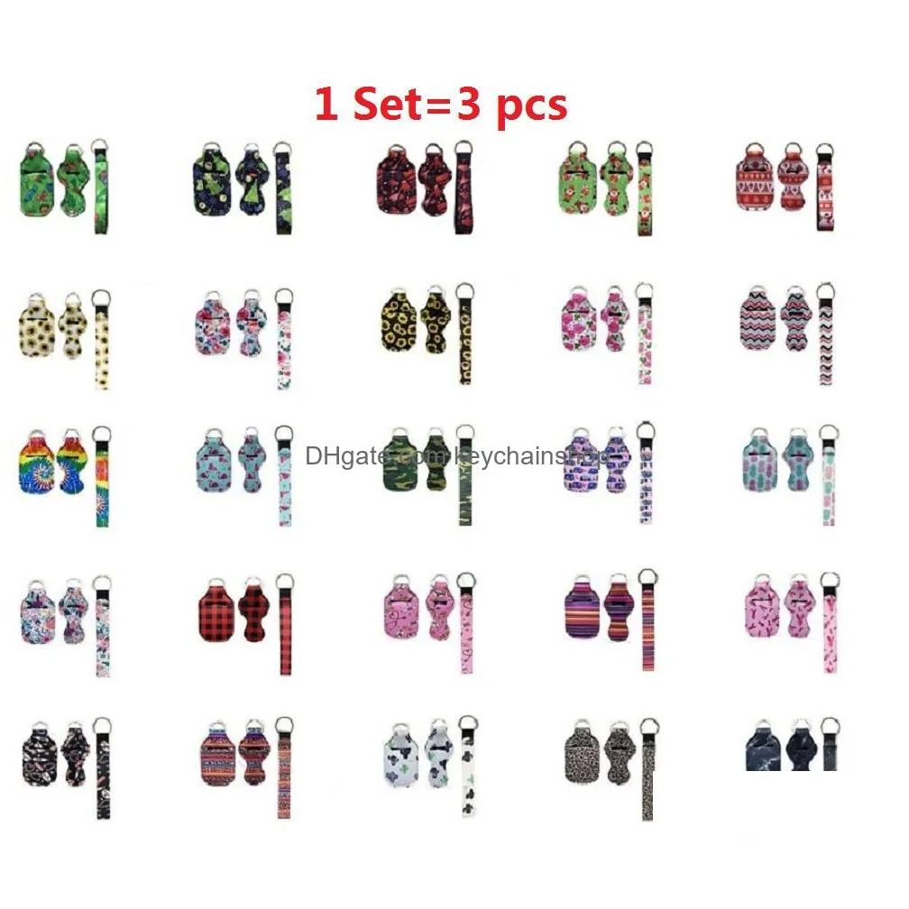 1 setis3 pcs 36 styles christmas neoprene hand sanitizer bottle holder wristlet keychain chapstick holder neoprene keyring