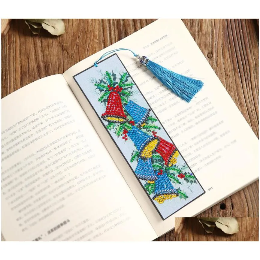 diamond painting diy bookmark party favor 5d crystal art crafts bookmarks with tassel tool rhinestone christmas pattern bell xmas tree snowman leather