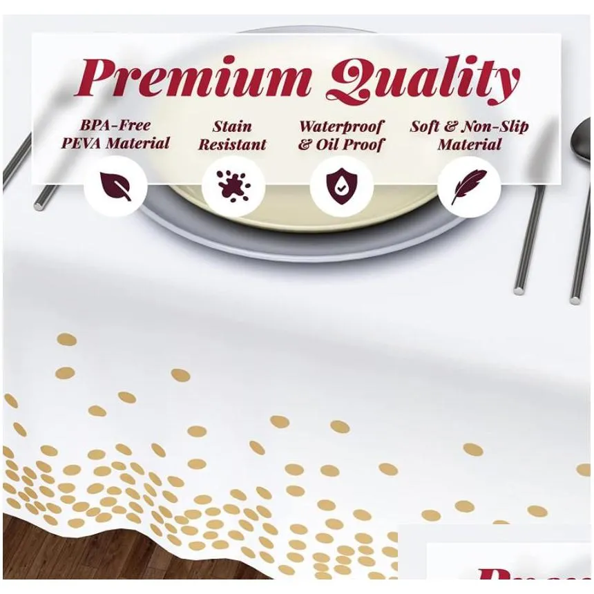 white plastic table cover rectangle party decoration gold dot confetti disposable tablecloths for birthday graduation new year party anniversary 54 x