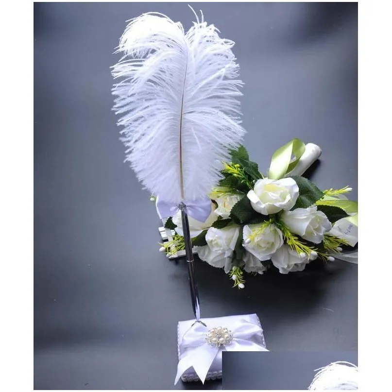 charmdust vintage wedding pen and holder set with white feather - elegant signing pens for guest reception parties and hen nights