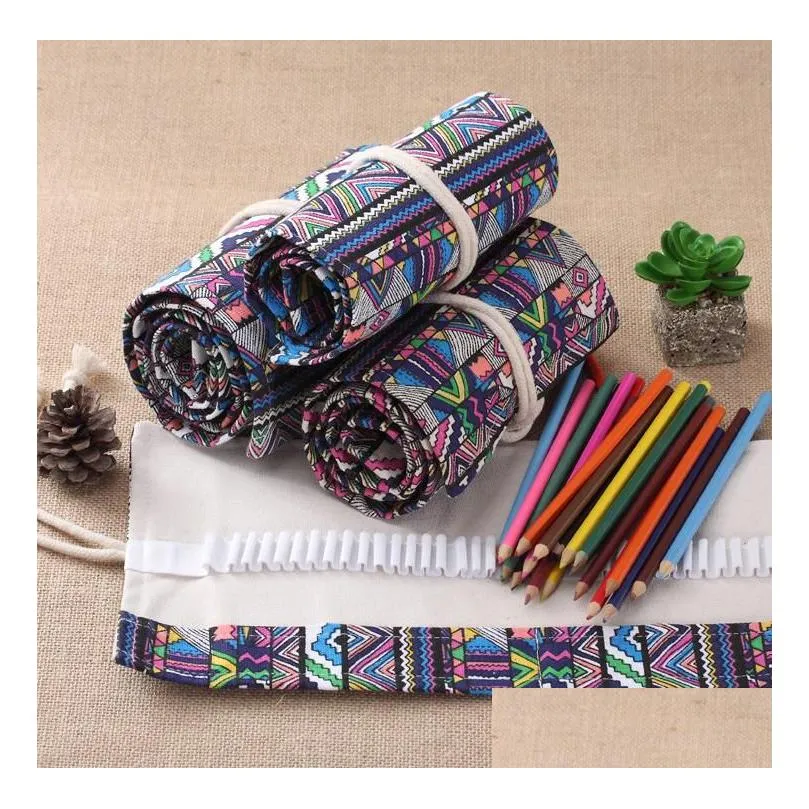 canvas roll-up pouch for makeup pens and art supplies - retro style with multiple compartments perfect for artists and students.