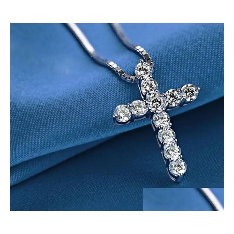 925 sterling silver necklaces full round cut white topaz cz diamond cross pendant party popular women clavicle necklace gift