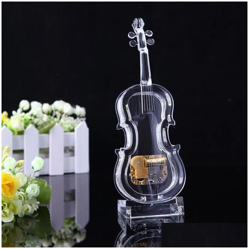 mechanical wind-up violin music box transparent acrylic party favor mini figurines home ornament decoration christmas birthday gift castle in the