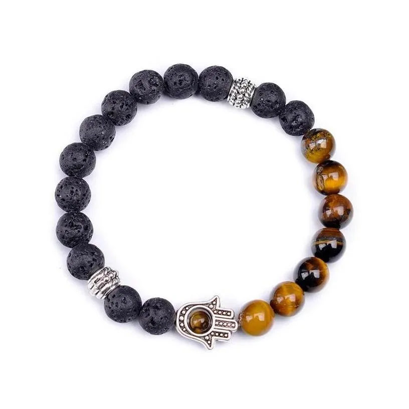 beaded men bead bracelets lava howlite stone stretch hand of fatima hamsa charm bracelet mala evil eye drop delivery jewelry dhrkw