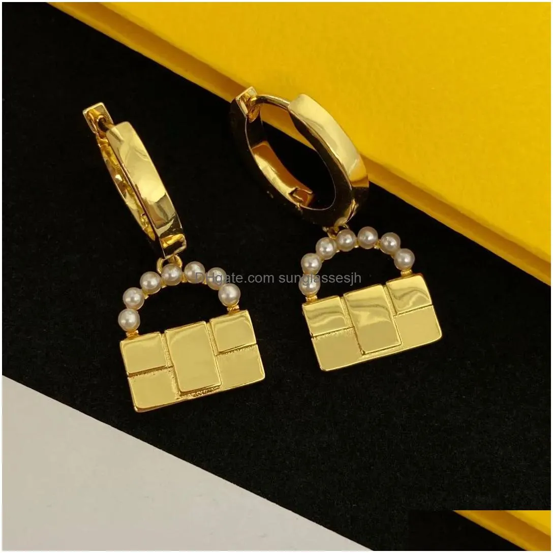 stylish bag pendant studs pearl handbag ear hoops letter golden danglers women designer earrings eardrops with box birthday gift