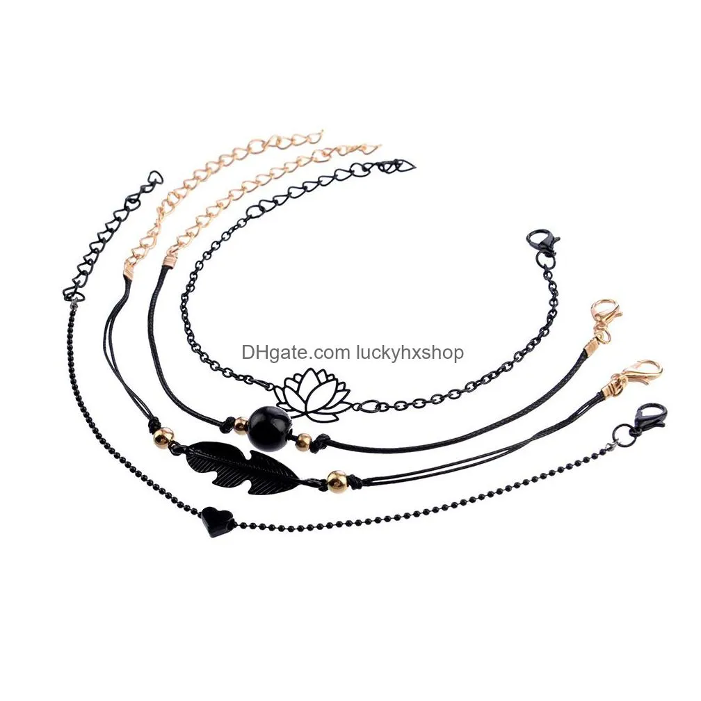 bohemian lotus charm bracelet set - feather heart design for women/girls summer jewelry