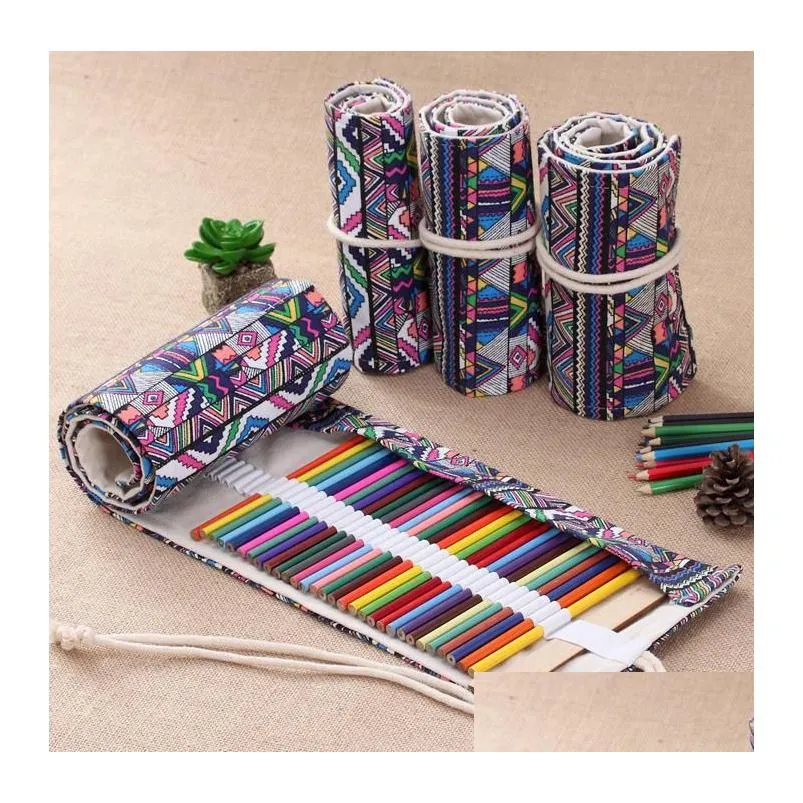 retro roll up canvas pencil makeup holder - sketch school office supplies organizer with snap closure